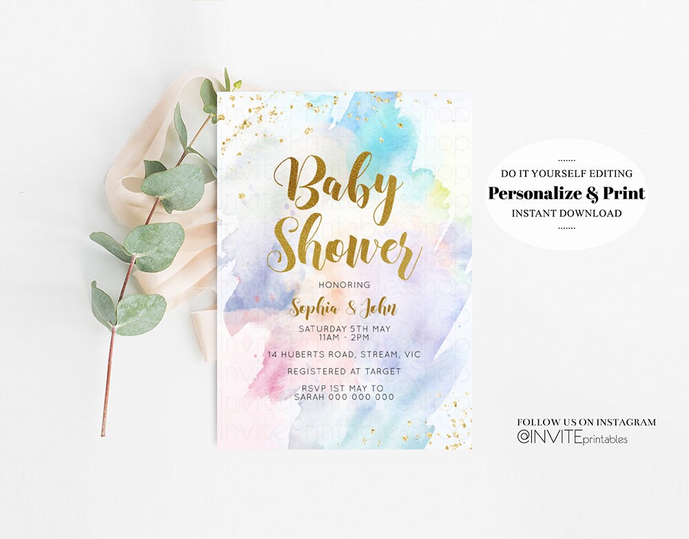 Rainbow Baby Shower Invitation Watercolor Pastel Invitation Colorful Splash Baby Invite Gold Glitter Sprinkles Ombre Gender Reveal