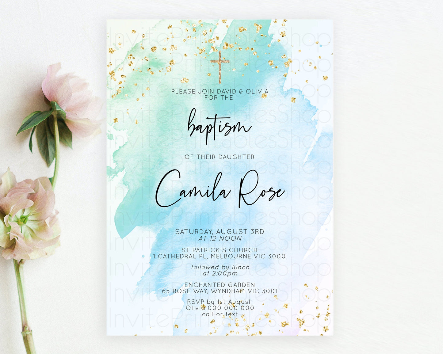 Blue Baptism Invitation Blue Watercolor Baptism 1st Birthday Invitation Pastel Blue Watercolor Christening Invite Blue Splash D10168