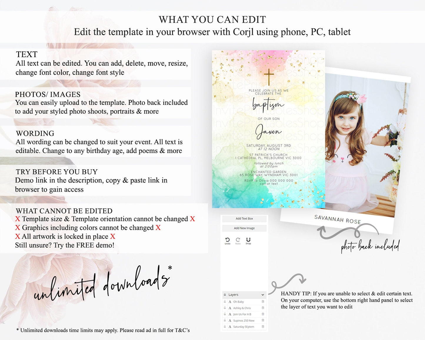 Pastel Baptism Invitation Pastel Colors Watercolor Baptism 1st Birthday Party Gold Ombre Pastel Rainbow Christening Holy Communion D10151