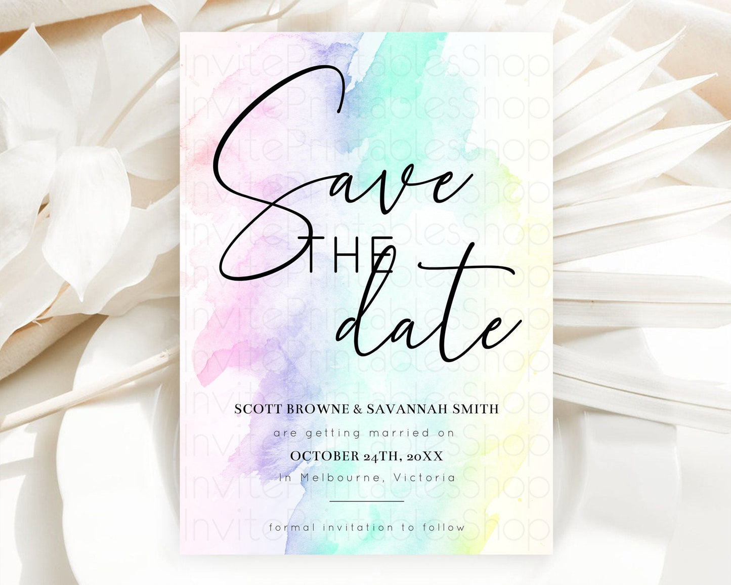 Pastel Save The Date Template Pastel Ombre Rainbow Watercolor Colorful Party For Birthday Baptism Baby Shower Wedding Bridal Shower D10231