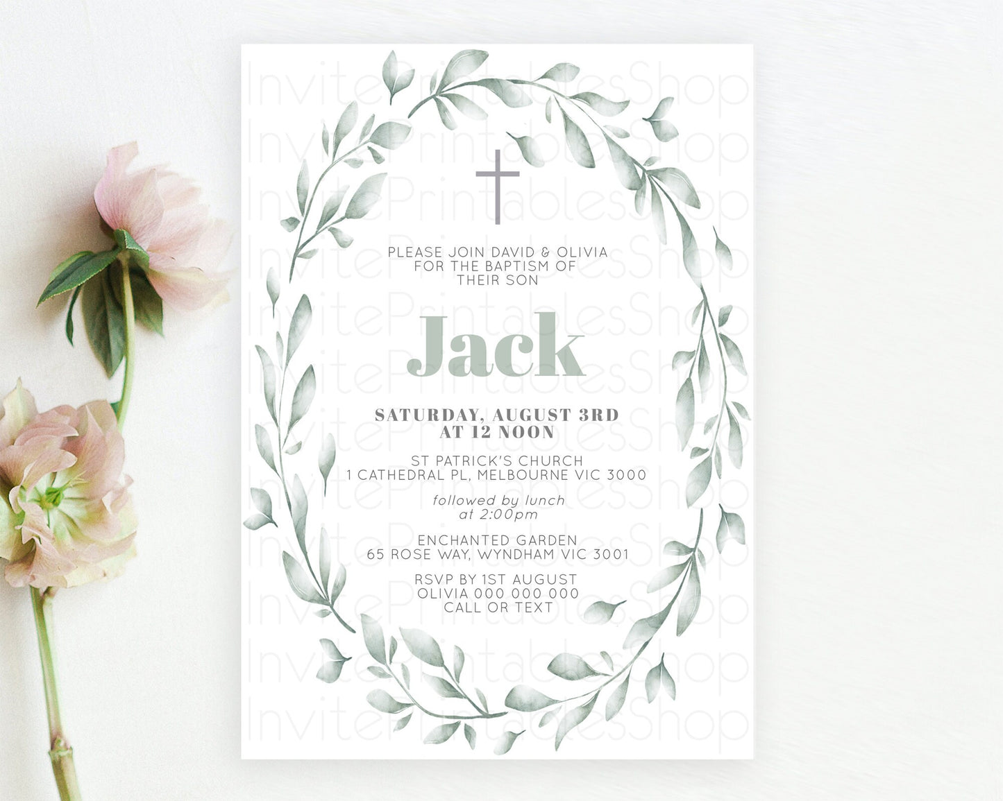 Leafy Baptism Invitation Leafy Simple Greenery Baptism 1st Birthday Invitation Eucalyptus Fern Spray Leaves Green Leaf Watercolour D11009