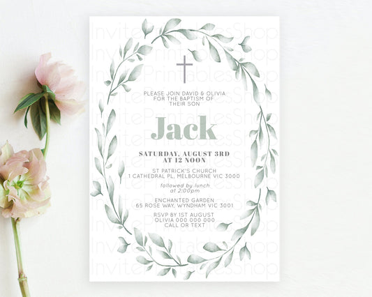 Leafy Baptism Invitation Leafy Simple Greenery Baptism 1st Birthday Invitation Eucalyptus Fern Spray Leaves Green Leaf Watercolour D11009