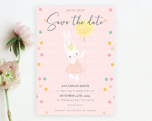 Bunny Balloon Save The Date Template Colorful Pastel Confetti Sprinkles Bunny Party Save The Date 1st Birthday Baby Shower Baptism D10219