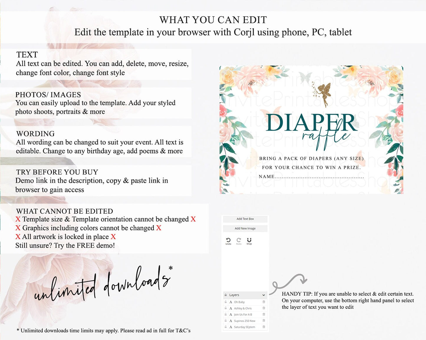 Fairy Diaper Raffle Card Fairy Diaper Insert Enchanted Garden Fairy Diaper Ticket Pastel Floral Butterfly Secret Garden Raffle Game D10239