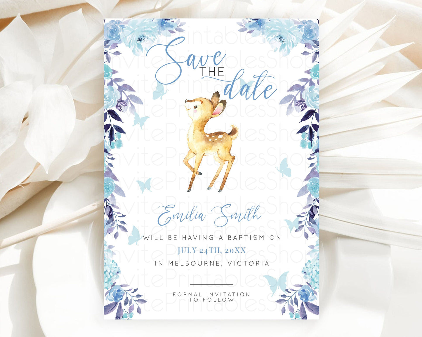 Fawn Deer Save The Date Template Pastel Floral Deer Enchanted Forest Butterfly Party 1st Birthday Baptism Baby Shower Bridal Shower D10917