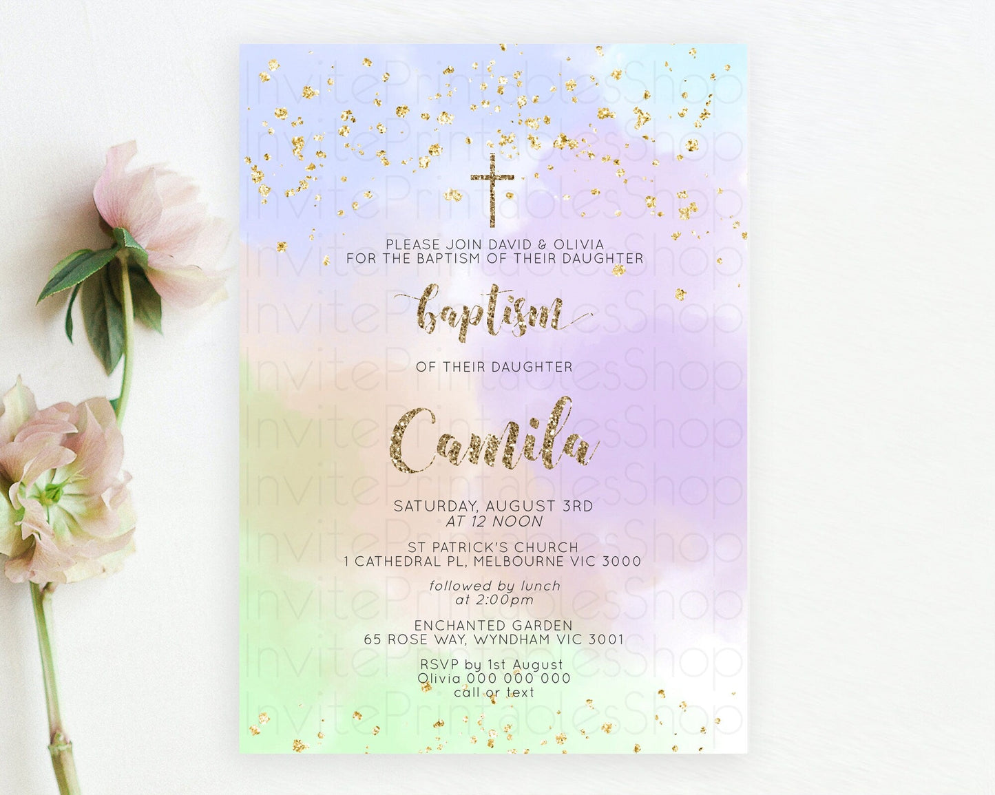 Pastel Baptism Invitation Pastel Colors Watercolor Baptism 1st Birthday Party Gold Ombre Pastel Rainbow Christening Holy Communion D10372