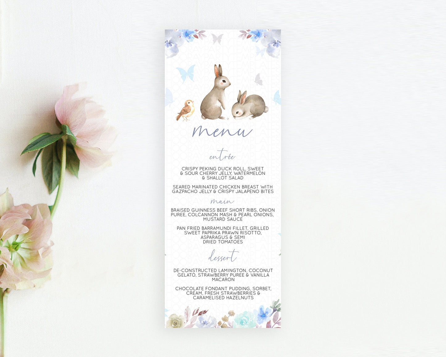 Bunny Menu Floral Bunny Menu Template Pastel Flowers Bunny Table Decor Secret Garden Bunny Dinner Dessert Menu Party Food Menu D10927