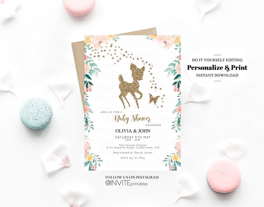 Fawn Baby Shower Invite Deer Baby Shower Invite Deer Invite Deer Party Invite Pastel Floral Invite Glitter Invite Garden Party Invite