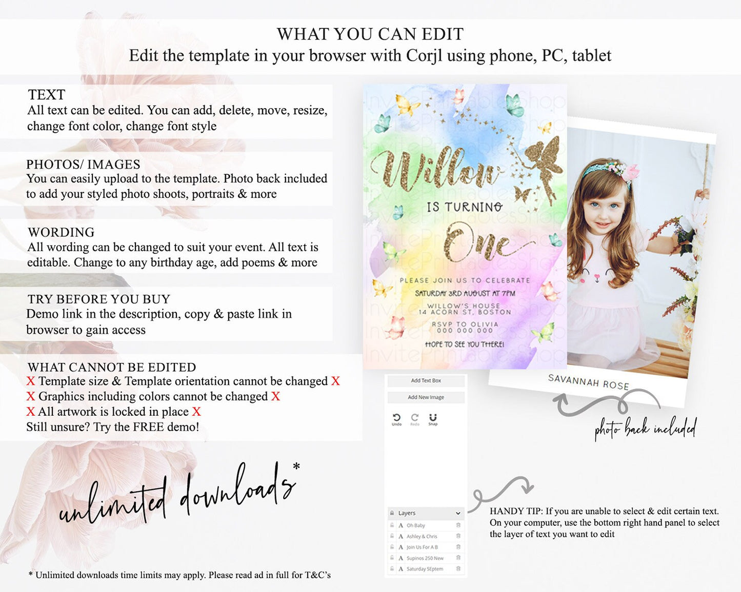 Pastel Fairy Birthday Invitation Pastel Butterflies Fairy Birthday Invitation Rainbow Ombre Watercolor 1st 2nd Birthday Invitation D23351