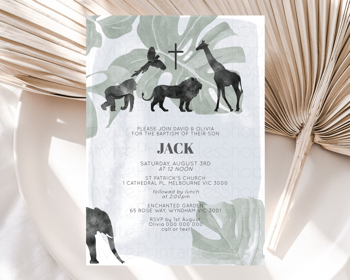 Safari Baptism Invitation Safari Adventure Baptism Birthday Invitation Lion Gorilla Elephant Rhino Tropical Palm Jungle Adventure D10203