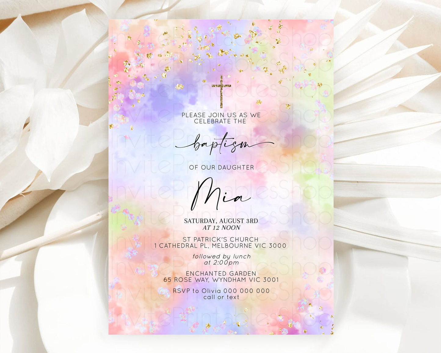 Pastel Baptism Invitation Pastel Colors Watercolor Baptism 1st Birthday Party Gold Ombre Pastel Rainbow Christening Holy Communion D10610