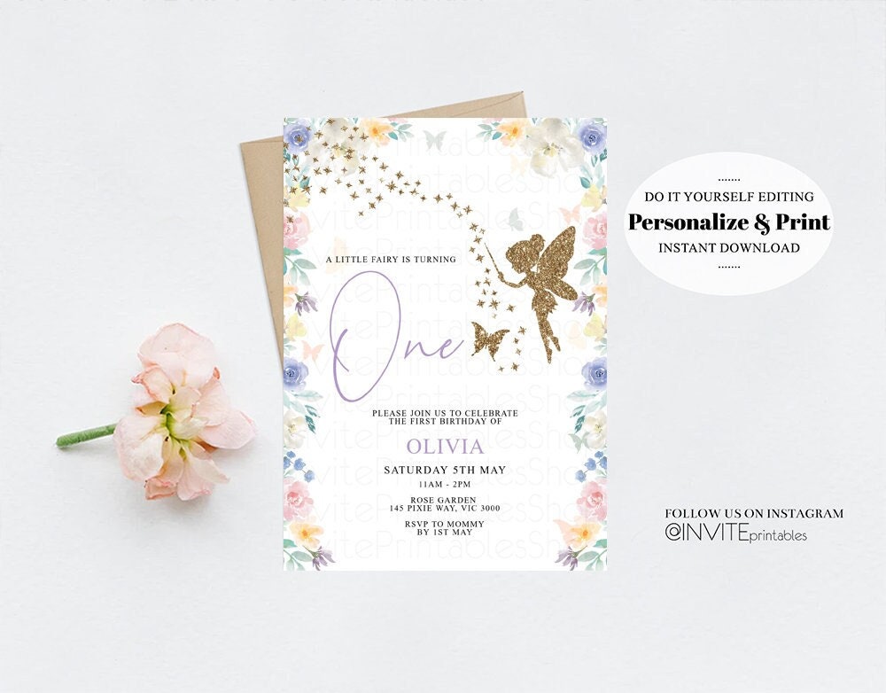 Editable Fairy Birthday Invitation Enchanted Garden Fairy Garden Watercolor