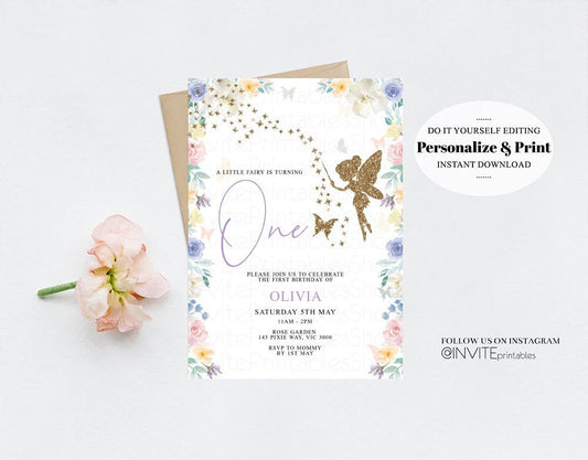 Editable Fairy Birthday Invitation Enchanted Garden Fairy Garden Watercolor