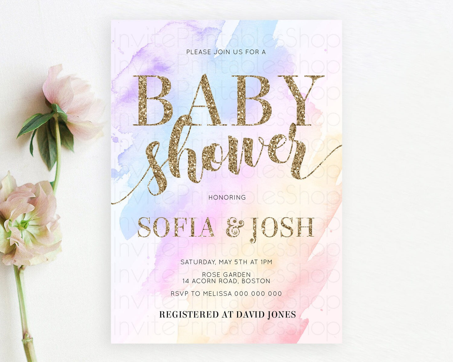 Pastel Baby Shower Invitation Rainbow Baby Shower Invitation Colorful Pastel Watercolor Invitation Gold Glitter Sprinkles Ombre D10633