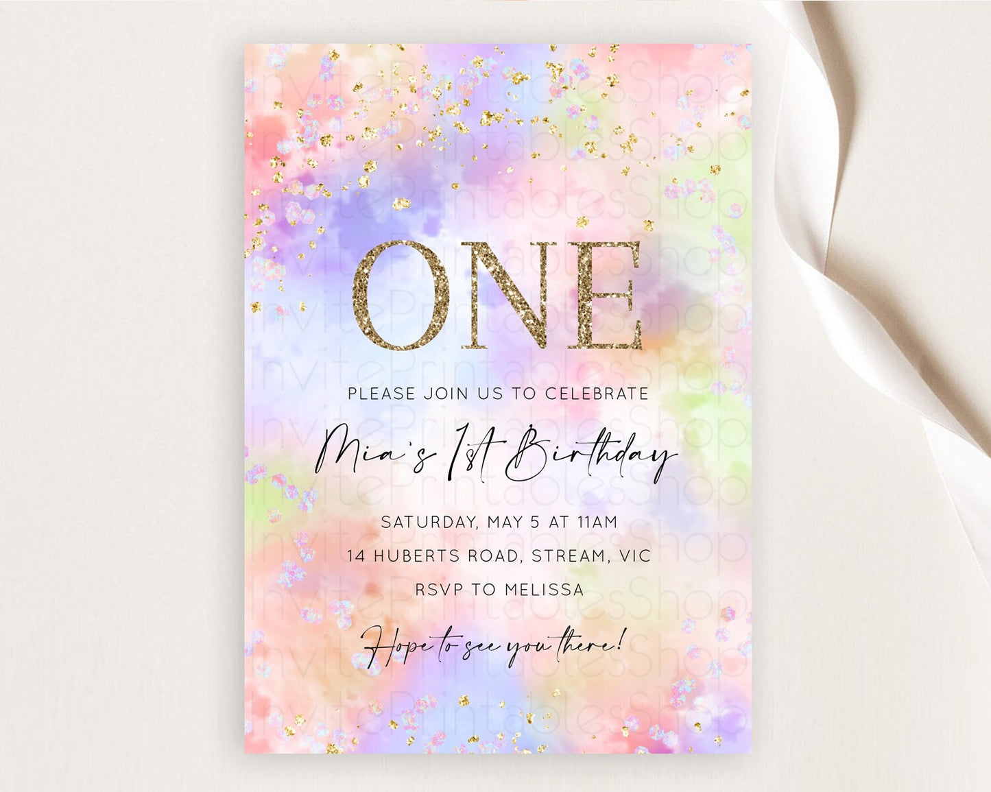 Rainbow Birthday Invitation Colorful Pastel Watercolor Invitation Gold Glitter Sprinkles Ombre Pastel 1st 2nd 3rd Birthday D10610