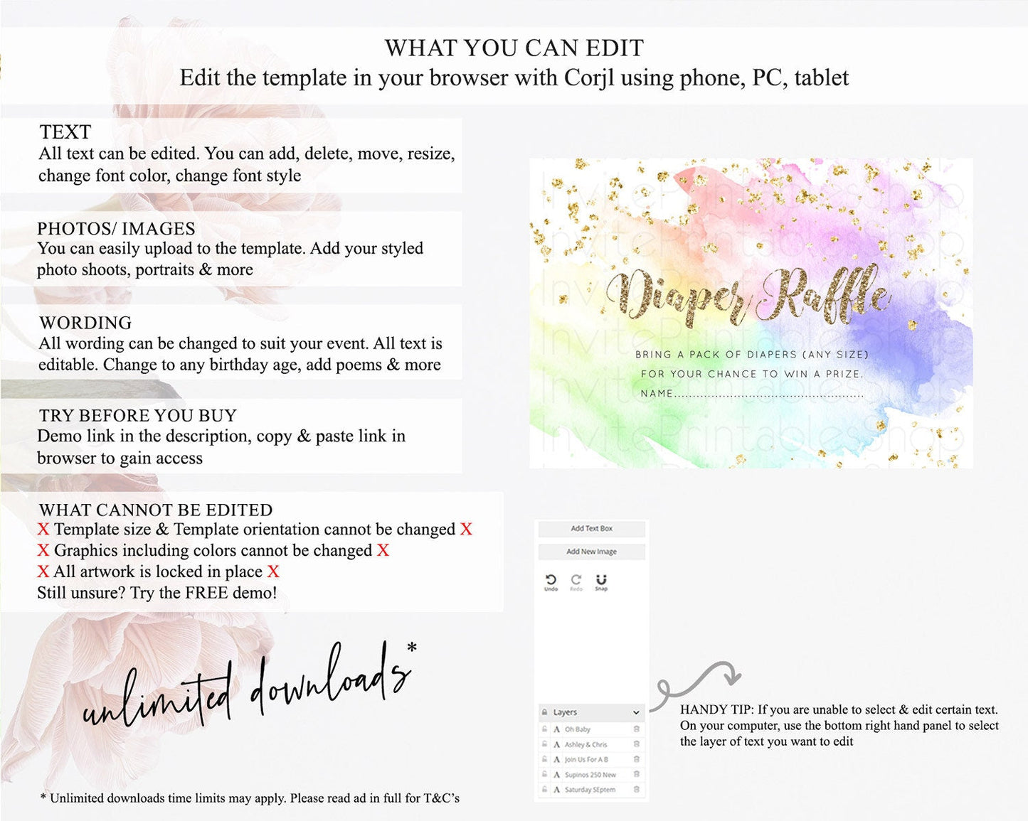 Pastel Diaper Raffle Card Pastel Rainbow Diaper Raffle Insert Colorful Ombre Watercolor Diaper Ticket Confetti Glitter Raffle Game D10319