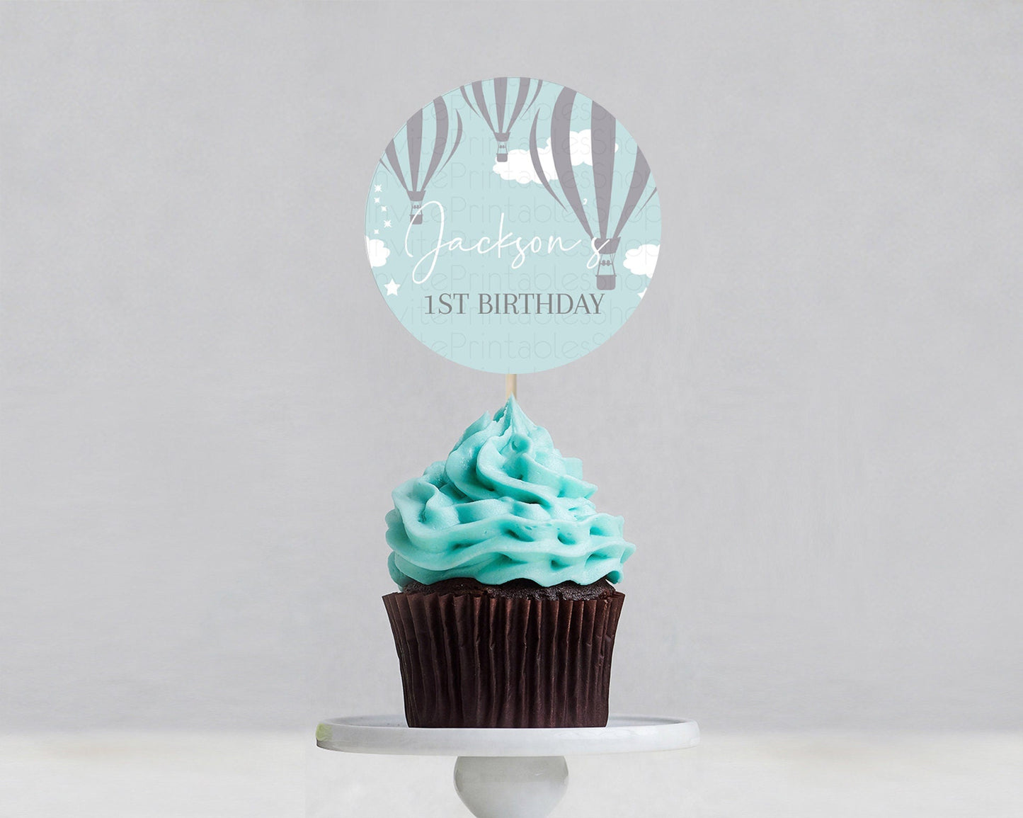 Hot Air Balloon Cupcake Toppers Adventure Awaits Up & Away Glitter Blue Watercolor Cupcake Topper Hot Air Balloon Party Decor D10324