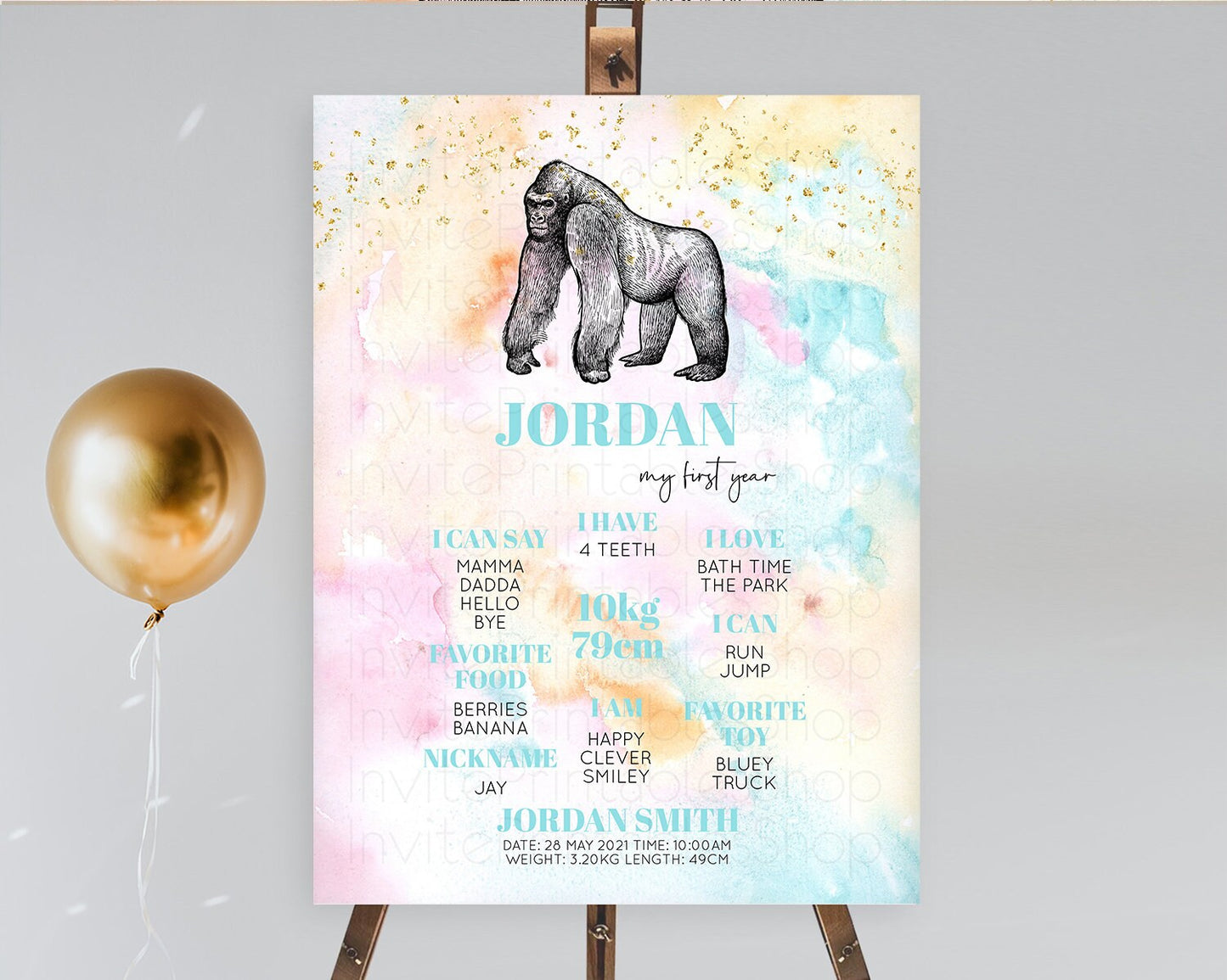 Pastel Gorilla First Birthday Milestone Board Gorilla Milestone Poster Colorful Rainbow Pastel Watercolor 1st Birthday Welcome Sign D10284
