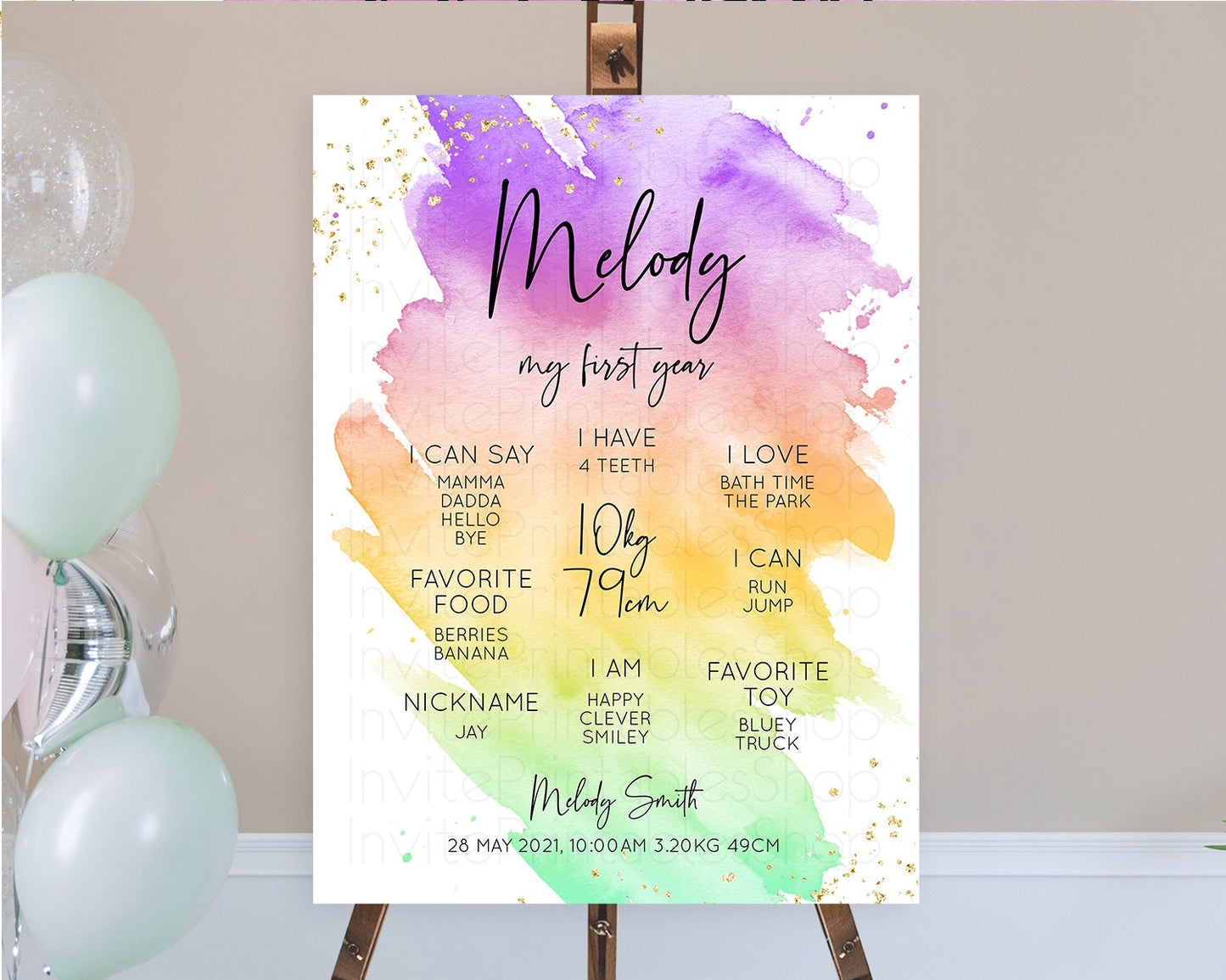 Pastel First Birthday Milestone Board Pastel Rainbow Milestone Poster Colorful Confetti Watercolor Glitter 1st Birthday Welcome Sign D10518