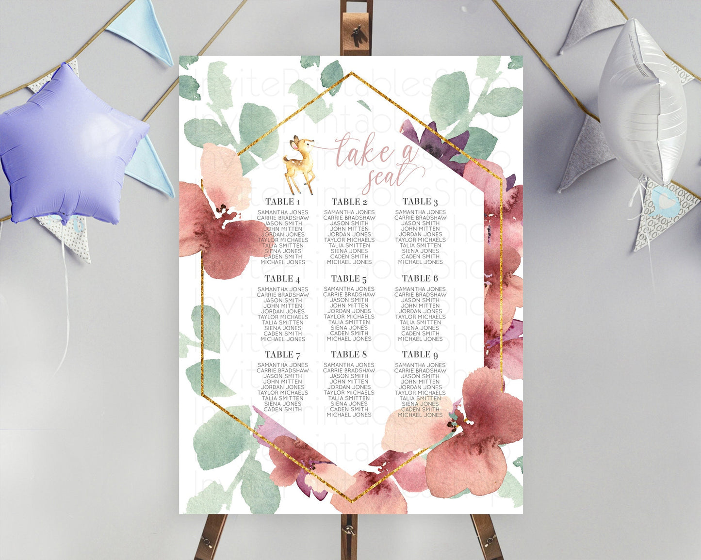 Fawn Seating Chart Deer Seating Chart Enchanted Forest Party Butterfly Pastel Flowers Whimsical Seating Chart Woodland Seating Sign D10915