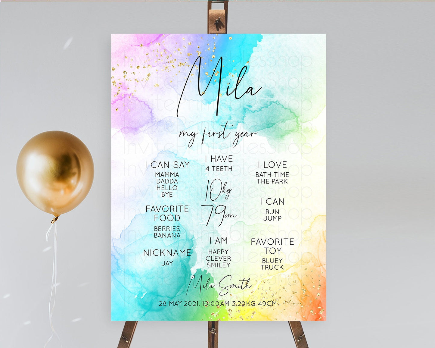 Pastel First Birthday Milestone Board Pastel Rainbow Milestone Poster Colorful Confetti Watercolor Glitter 1st Birthday Welcome Sign D10771