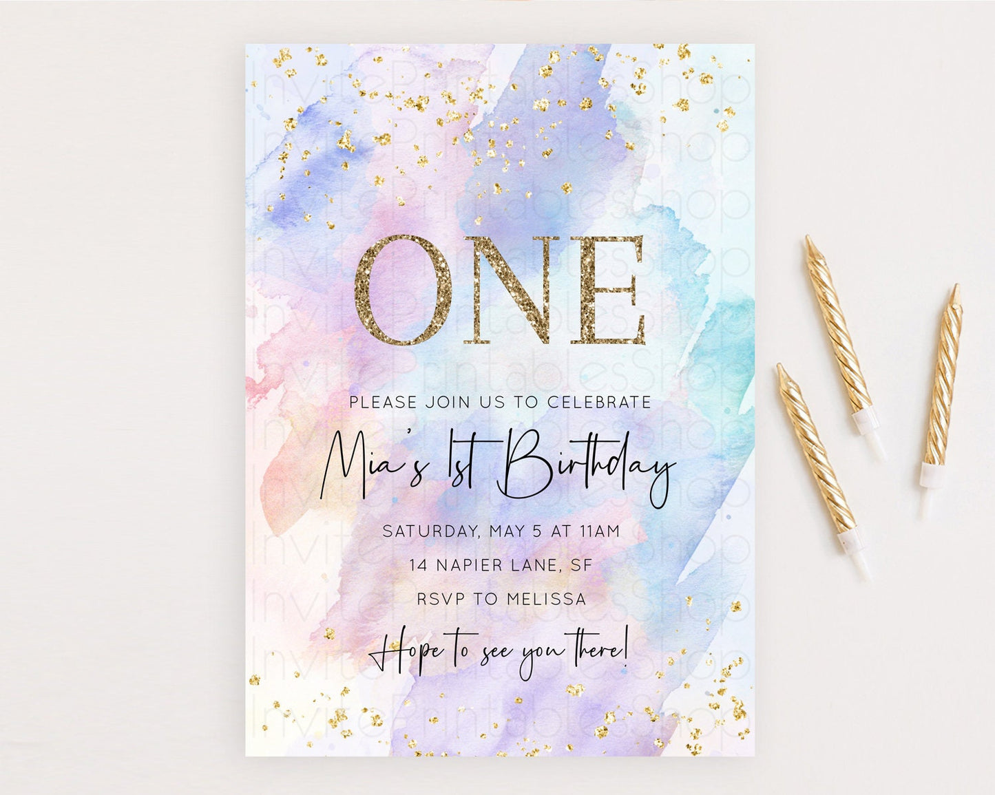 Rainbow Birthday Invitation Colorful Pastel Watercolor Invitation Gold Glitter Sprinkles Ombre Pastel 1st 2nd 3rd Birthday D10585