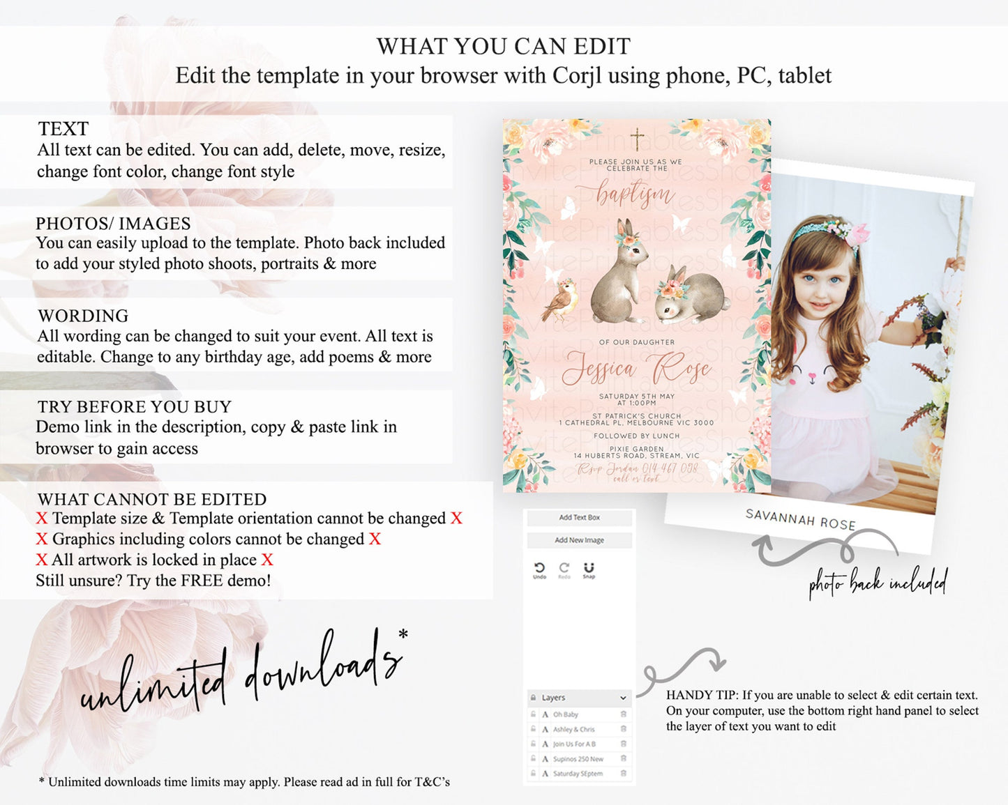 Bunny Baptism Invitation Floral Bunny Baptism 1st Birthday Invitation Pastel Bunny Christening Invite Watercolor Forest Bunny Party  D10922