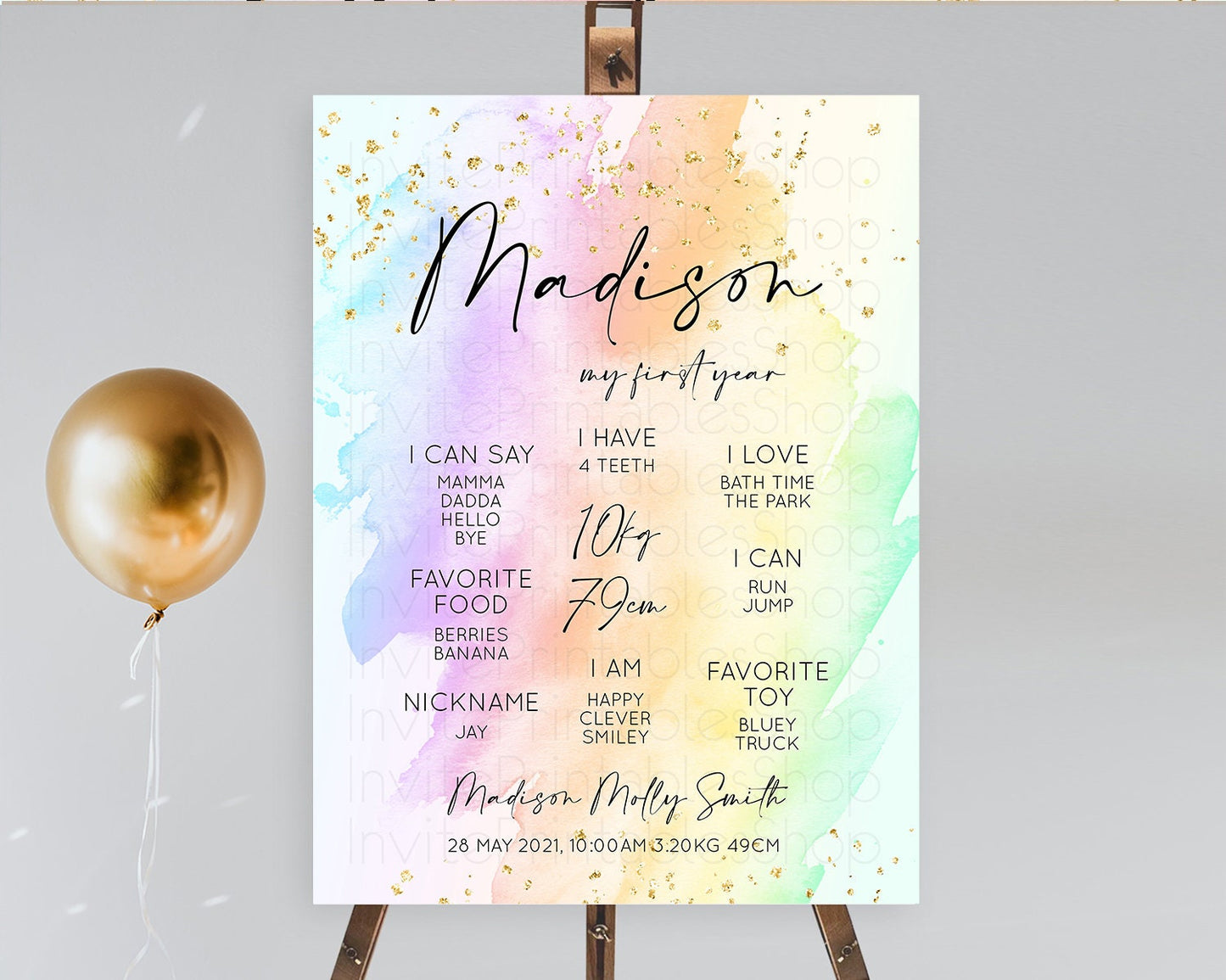Pastel First Birthday Milestone Board Pastel Rainbow Milestone Poster Colorful Confetti Watercolor Glitter 1st Birthday Welcome Sign D10645