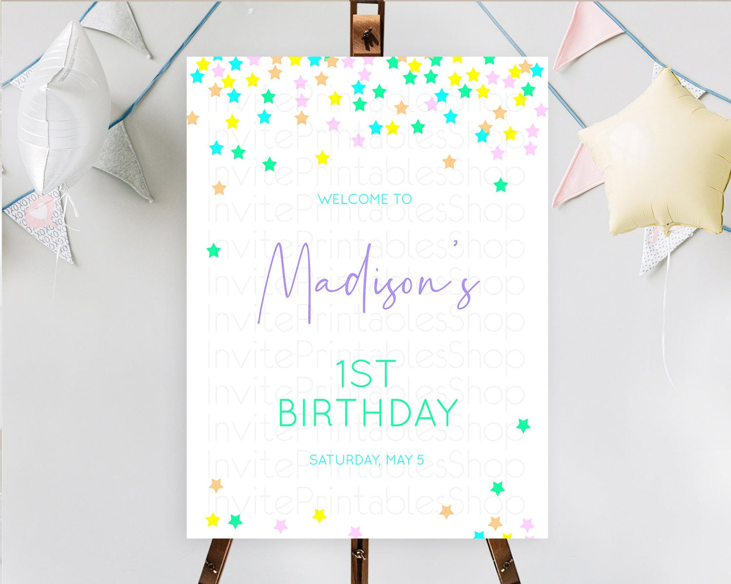 Star Welcome Board Pastel Stars Welcome Sign Shooting Star Rainbow Colorful Confetti Twinkle Little Star First Birthday Welcome Sign D10397