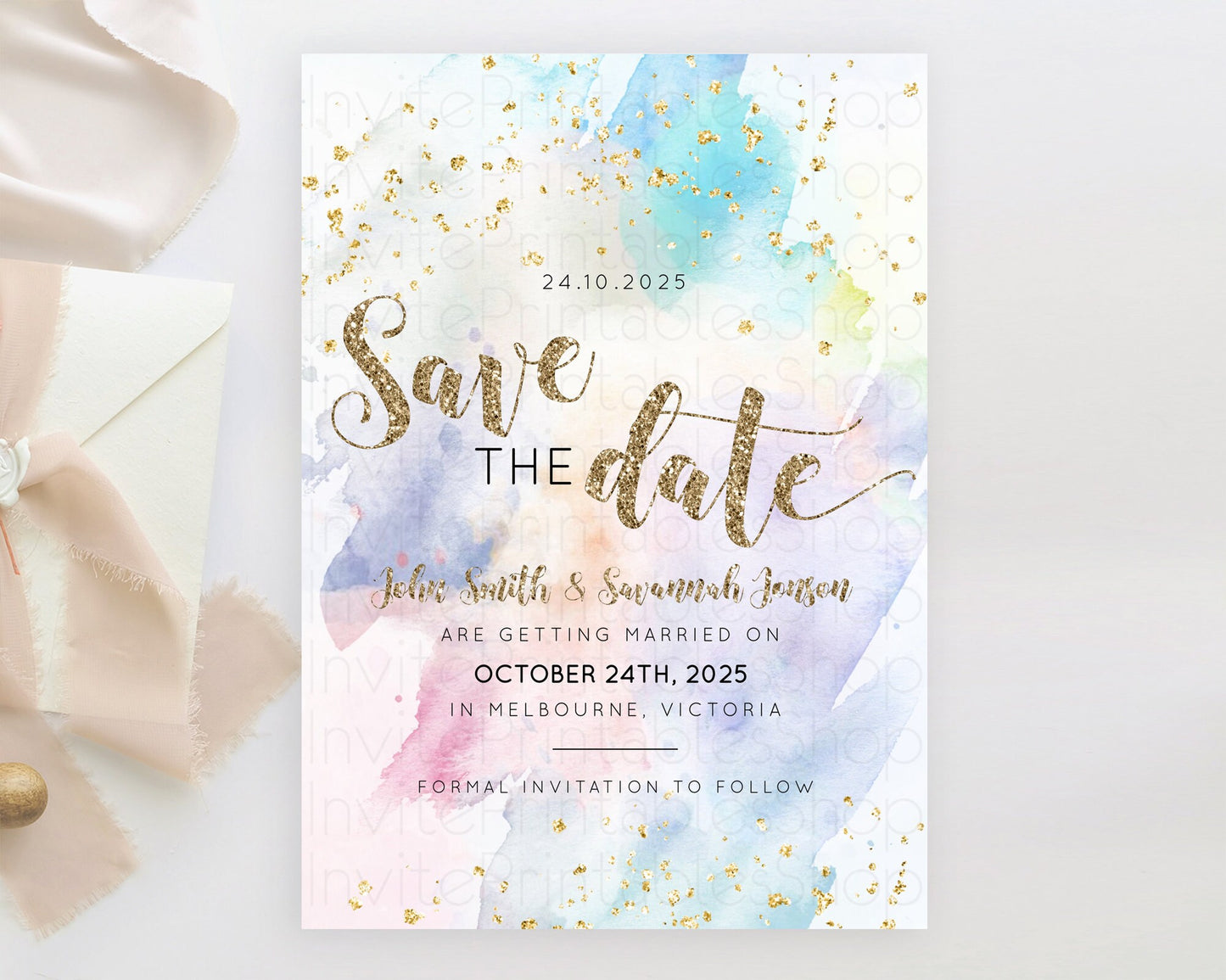 Editable Pastel Save The Date Template Pastel Ombre Rainbow Watercolor Color
