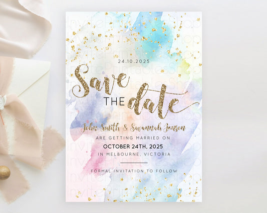 Editable Pastel Save The Date Template Pastel Ombre Rainbow Watercolor Color