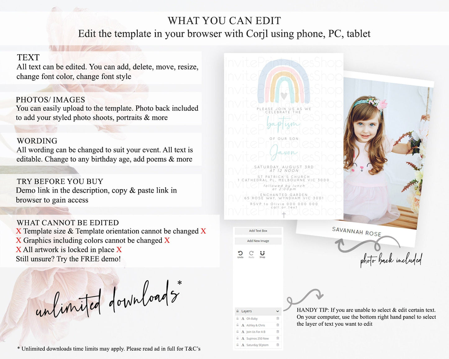 Pastel Rainbow Baptism Invitation Boho Rainbow Baptism 1st Birthday Invitation Rainbow Pastel Watercolor Christening Invitation D10214