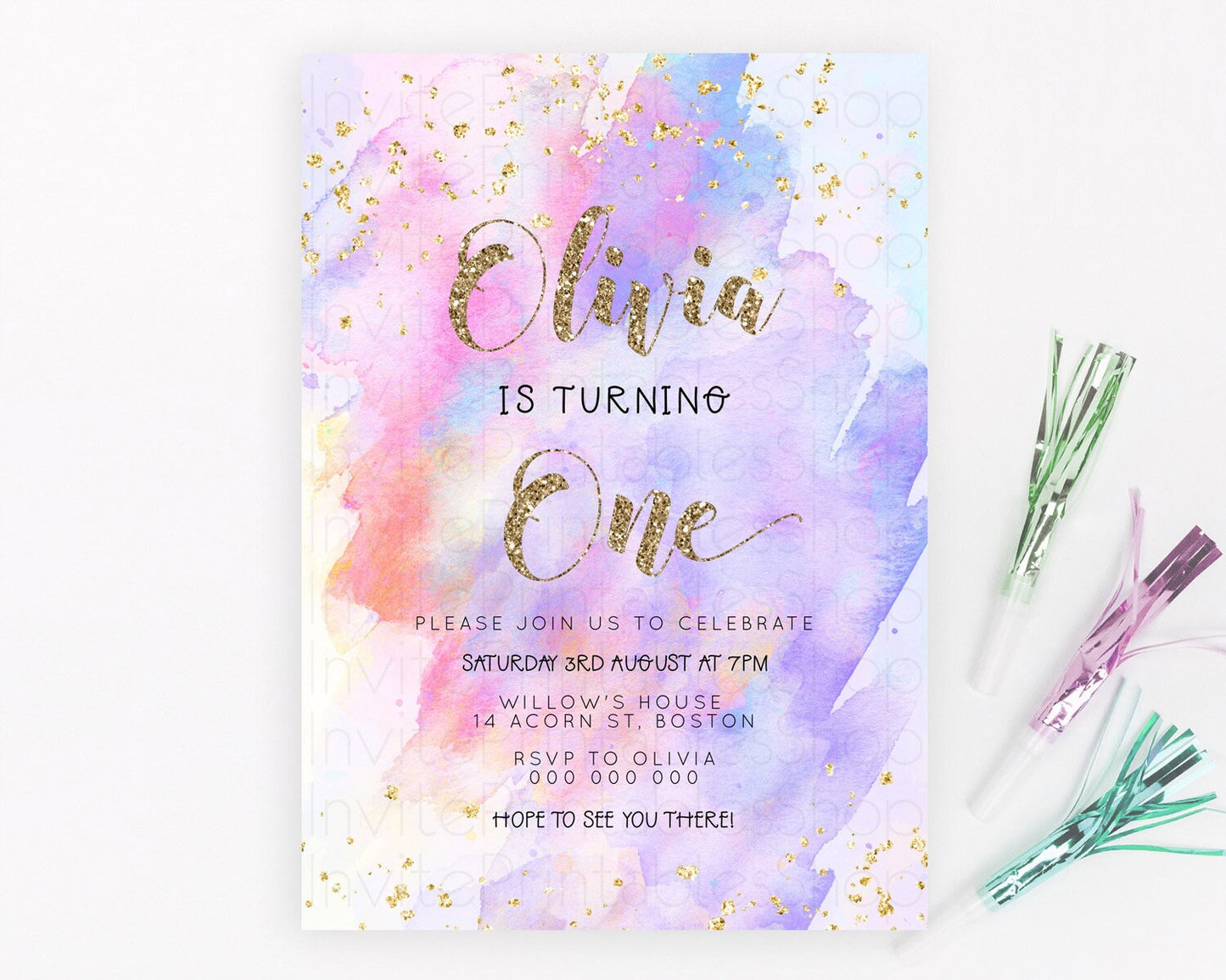 Rainbow Birthday Invitation Colorful Pastel Watercolor Invitation Gold Glitter Sprinkles Ombre Pastel 1st 2nd 3rd Birthday D23294