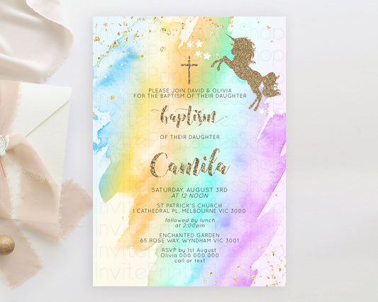 Unicorn Rainbow Baptism Invitation Pastel Baptism Birthday Invitation Magical Ombre Christening Invite Colorful Watercolor Glitter D10428