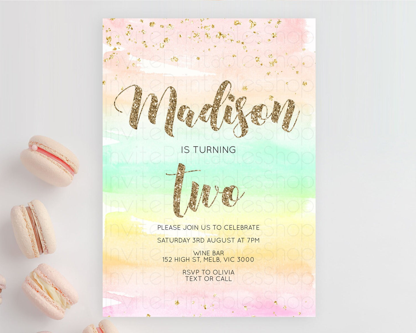 Rainbow Birthday Invitation Colorful Pastel Watercolor Invitation Gold Glitter Sprinkles Ombre Pastel 1st 2nd 3rd Birthday D10592