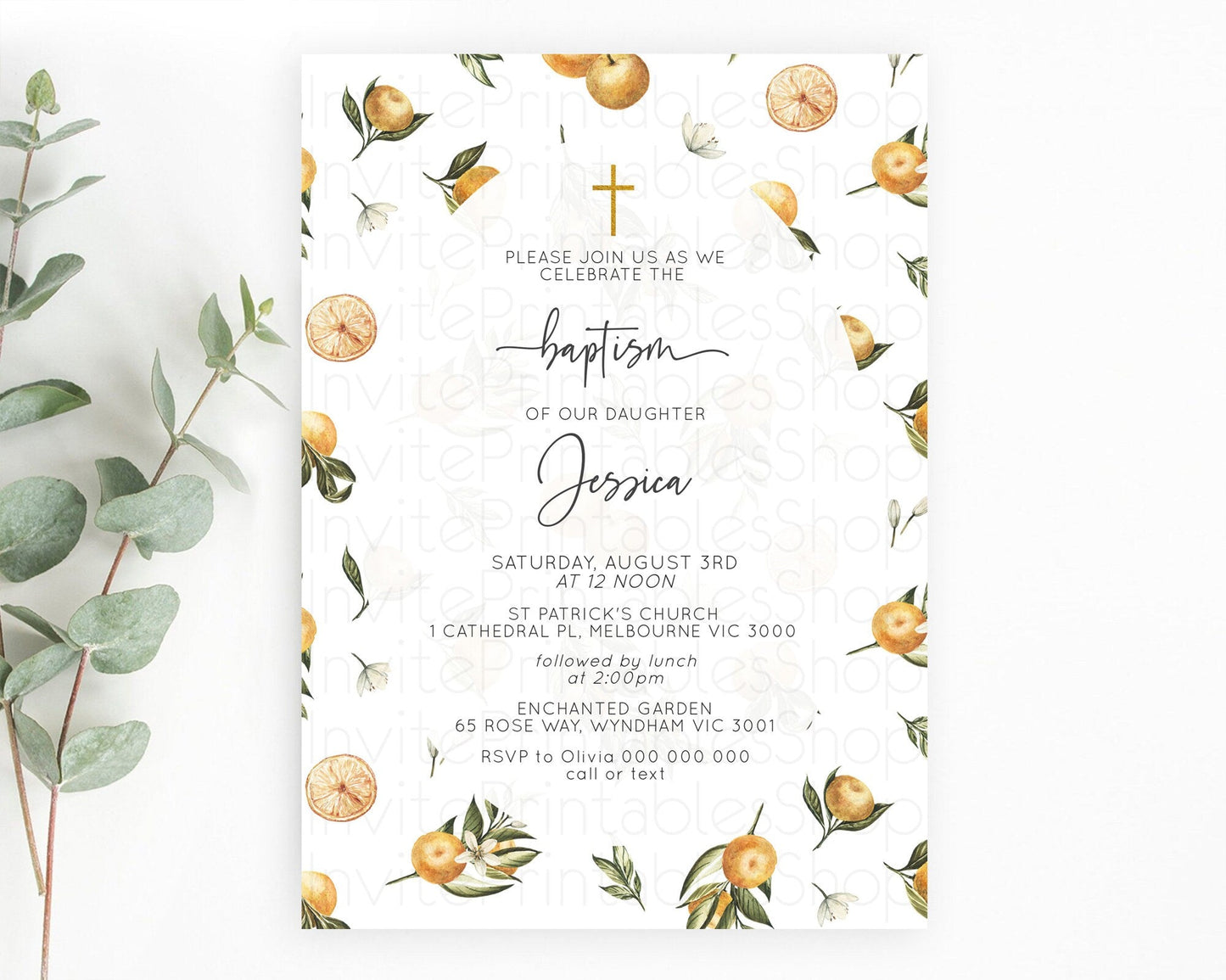 Citrus Baptism Invitation Lemon Orange Baptism 1st Birthday Invitation Citrus Garden Christening Invitation Citrus Floral Religious D10545