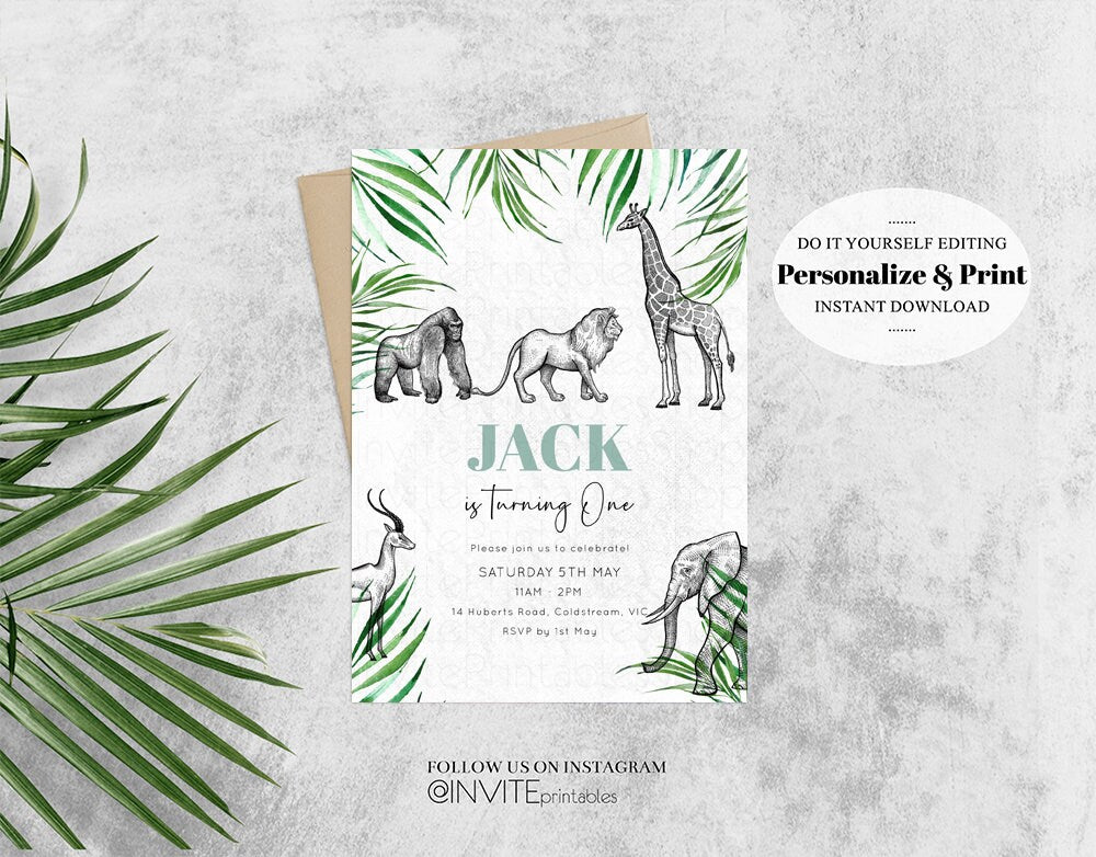 Editable Jungle Birthday Invitation Lion Gorilla Elephant Rhino Tropical Pal