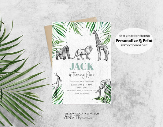 Editable Jungle Birthday Invitation Lion Gorilla Elephant Rhino Tropical Pal
