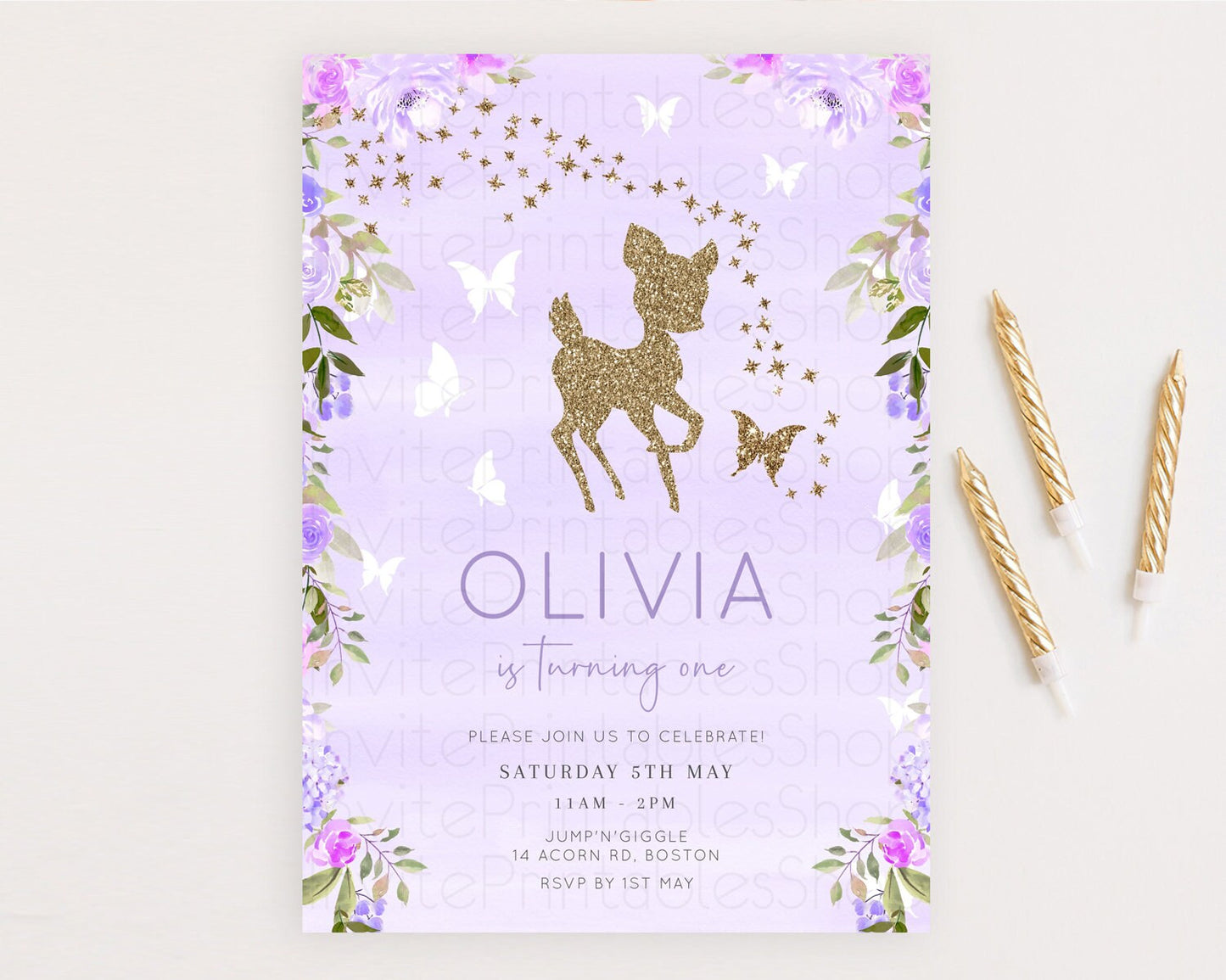 Fawn Birthday Invitation Deer Birthday Invitation Enchanted Forest Party Butterfly Pastel Flowers Whimsical 2nd 1st First Birthday D10963