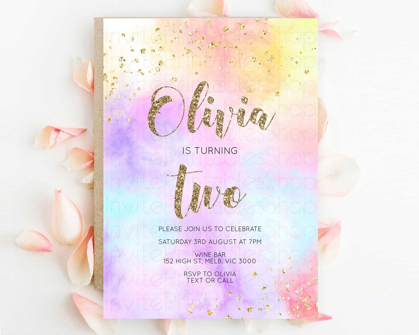 Rainbow Birthday Invitation Colorful Pastel Watercolor Invitation Gold Glitter Sprinkles Ombre Pastel 1st 2nd 3rd Birthday D10435