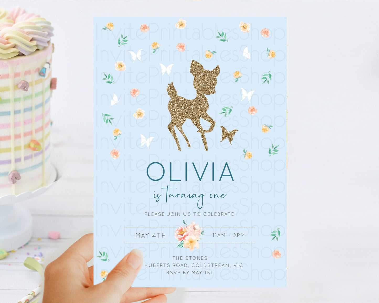 Fawn Birthday Invitation Deer Birthday Invitation Enchanted Forest Party Butterfly Pastel Flowers Whimsical 2nd 1st First Birthday D10902