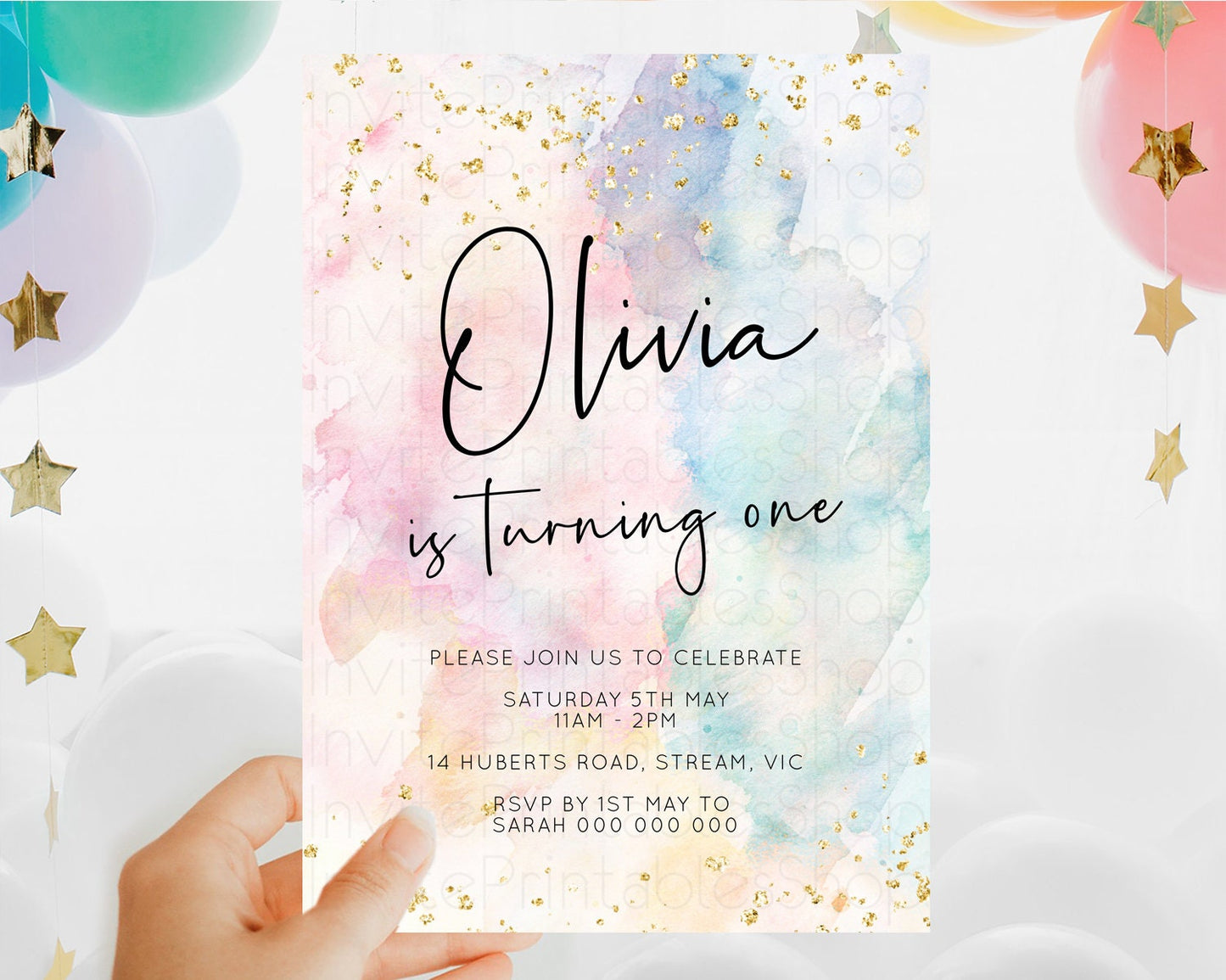 Rainbow Birthday Invitation Colorful Pastel Watercolor Invitation Gold Glitter Sprinkles Ombre Pastel 1st 2nd 3rd Birthday D10263