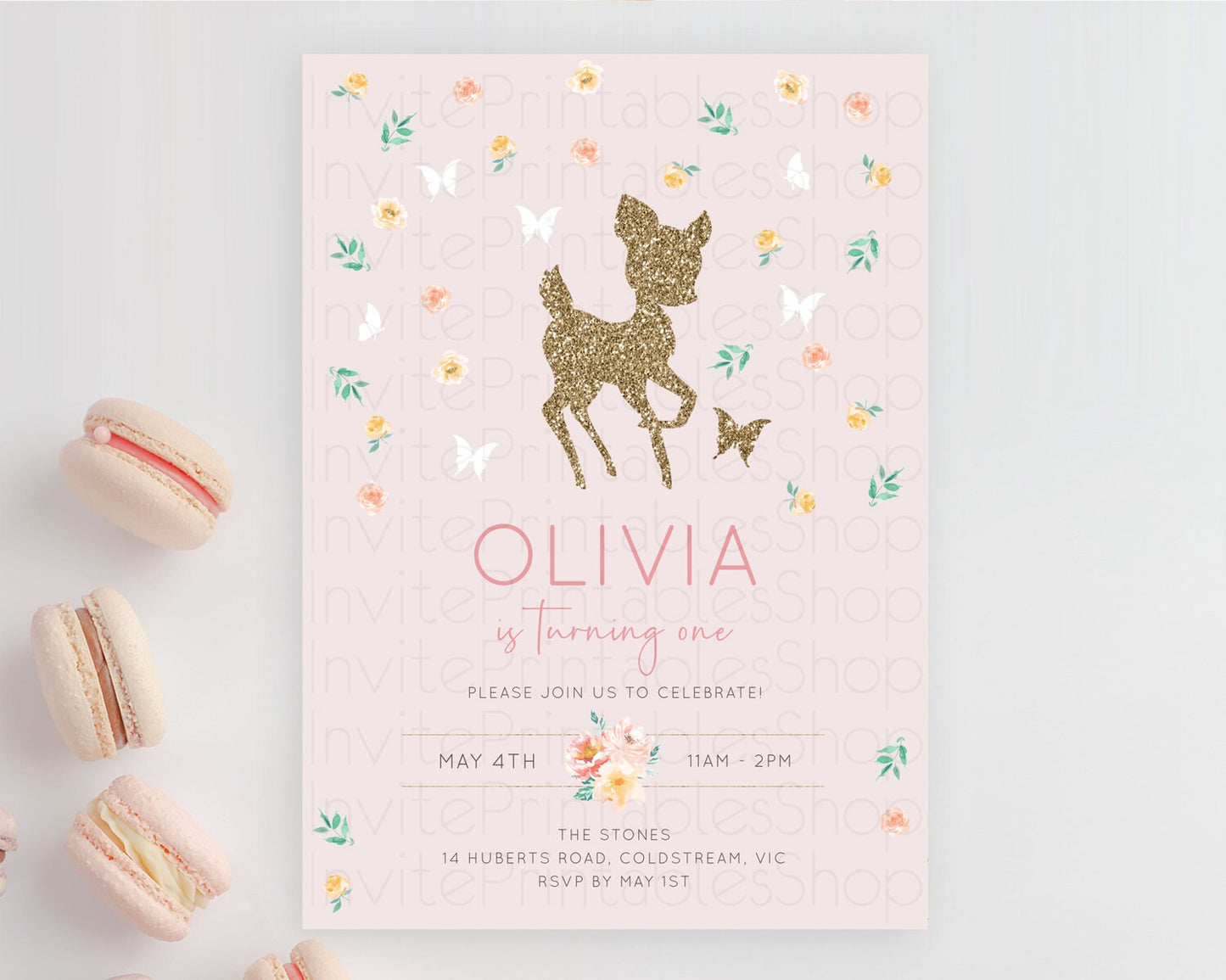 Fawn Birthday Invitation Deer Birthday Invitation Enchanted Forest Party Butterfly Pastel Flowers Whimsical 2nd 1st First Birthday D10386