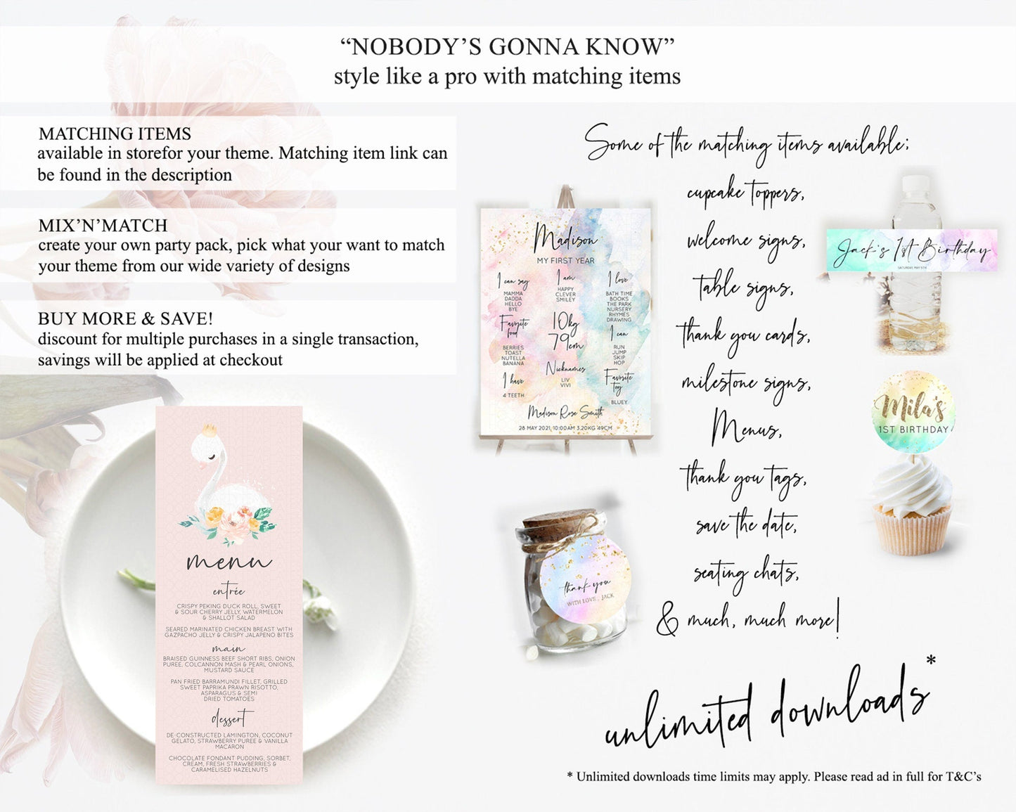 Swan Menu Swan Princess Ballet Menu Template Enchanted Swan Lake Table Decor Secret Garden Pastel Floral Dinner Dessert Food Menu D10388