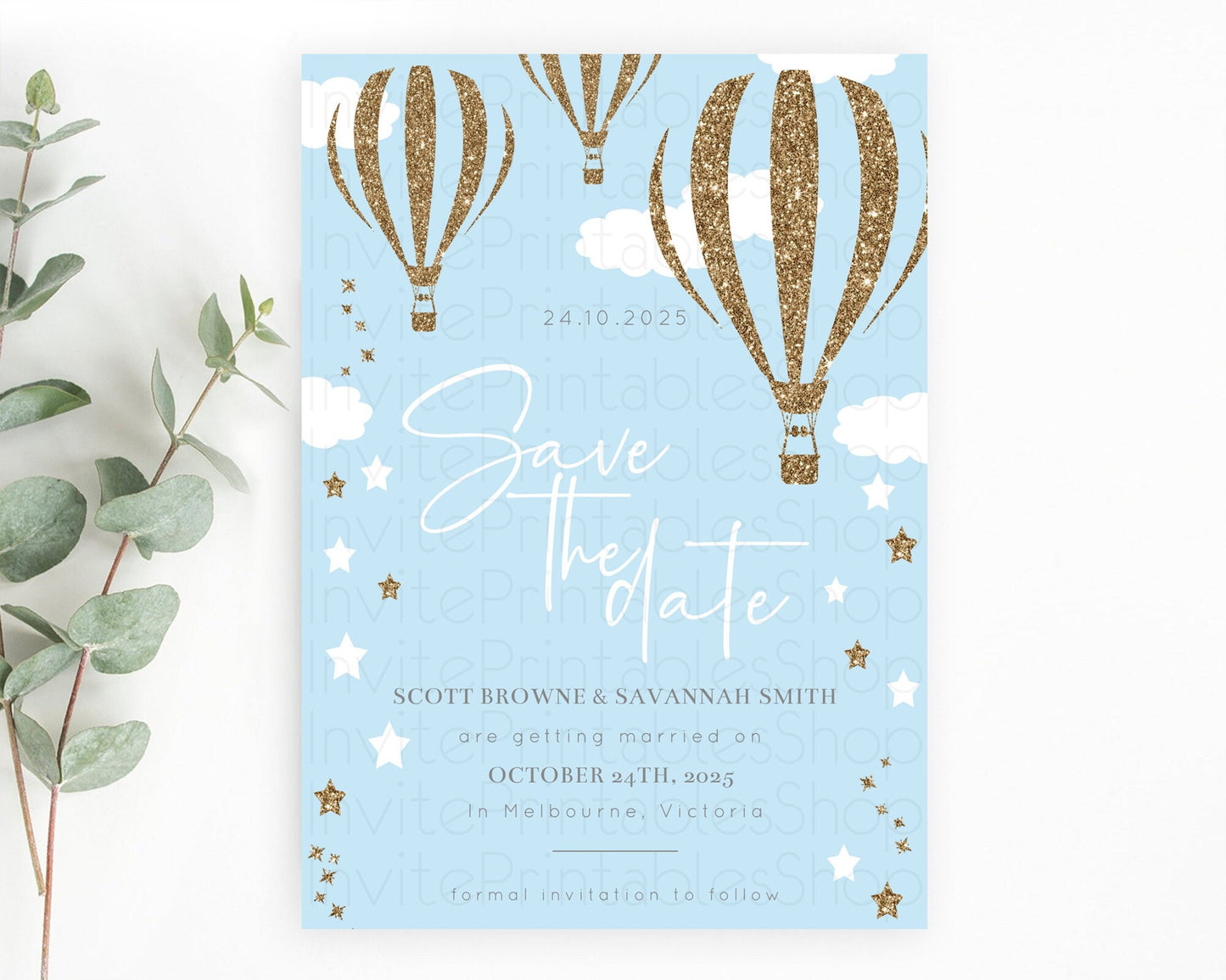 Hot Air Balloon Save The Date Template Adventure Awaits Mr. ONEderful Party 1st Birthday Baptism Baby Shower D10332