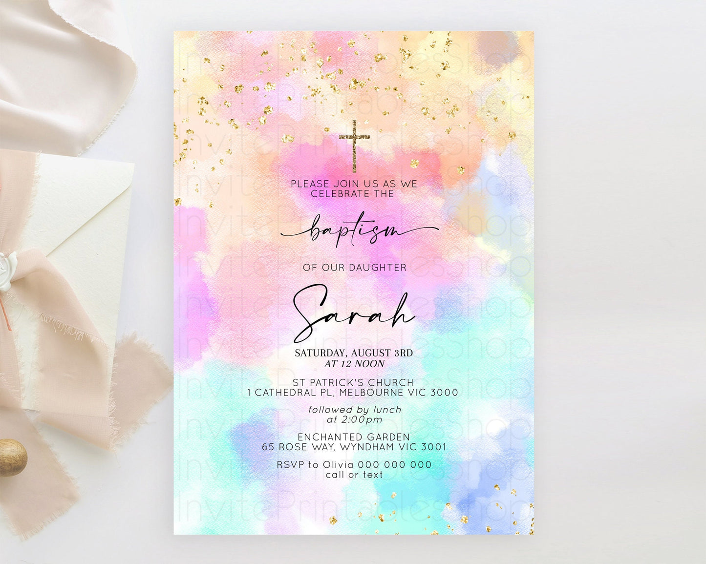 Pastel Baptism Invitation Pastel Colors Watercolor Baptism 1st Birthday Party Gold Ombre Pastel Rainbow Christening Holy Communion D10667