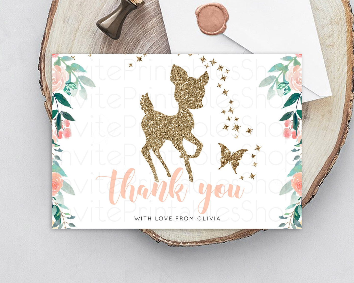 Fawn Thank You Deer Thank You Card Pastel Floral Deer Birthday Thank You Card Enchanted Forest Butterfly Deer Teacher Thank You Card D10874