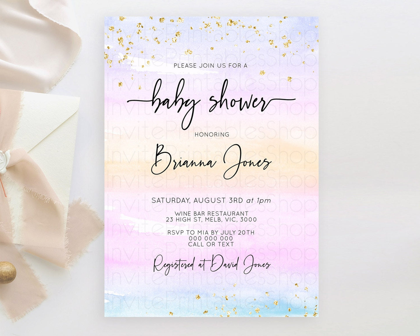 Pastel Baby Shower Invitation Rainbow Baby Shower Invitation Colorful Pastel Watercolor Invitation Gold Glitter Sprinkles Ombre D10594