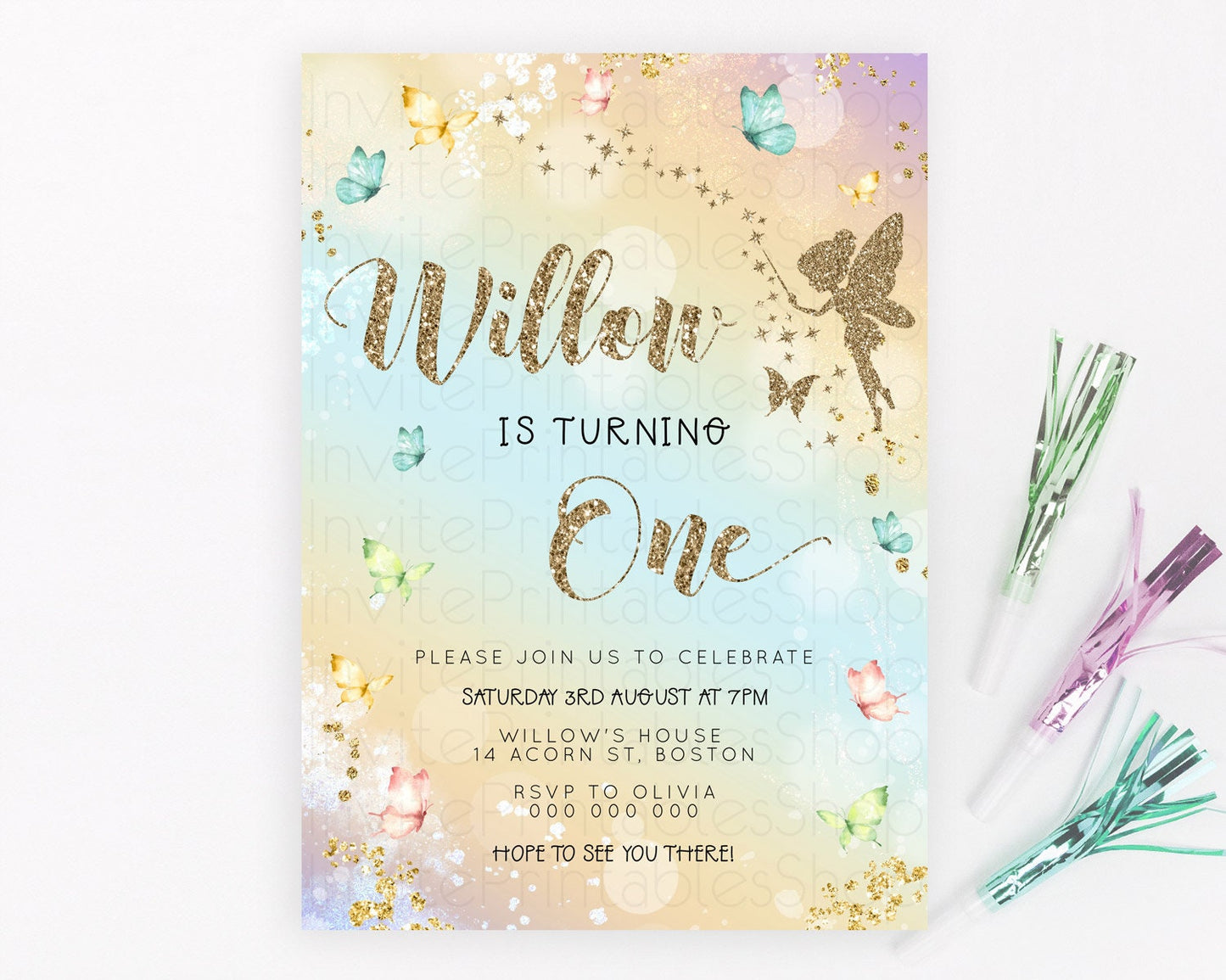 Pastel Fairy Birthday Invitation Pastel Butterflies Fairy Birthday Invitation Rainbow Ombre Watercolor 1st 2nd Birthday Invitation D23159