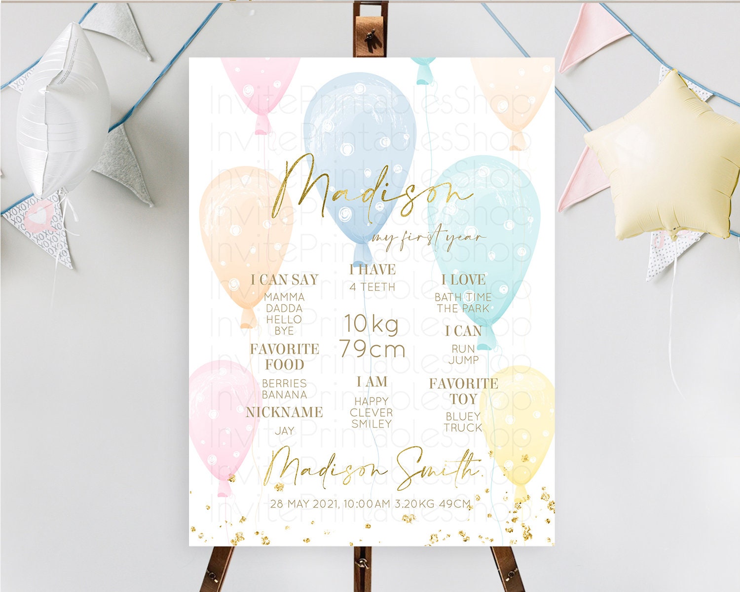 Editable Pastel Balloons First Birthday Milestone Board Colorful Balloon Mil